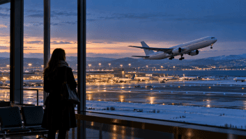 Avion long-courrier au décollage depuis un aéroport en hiver
