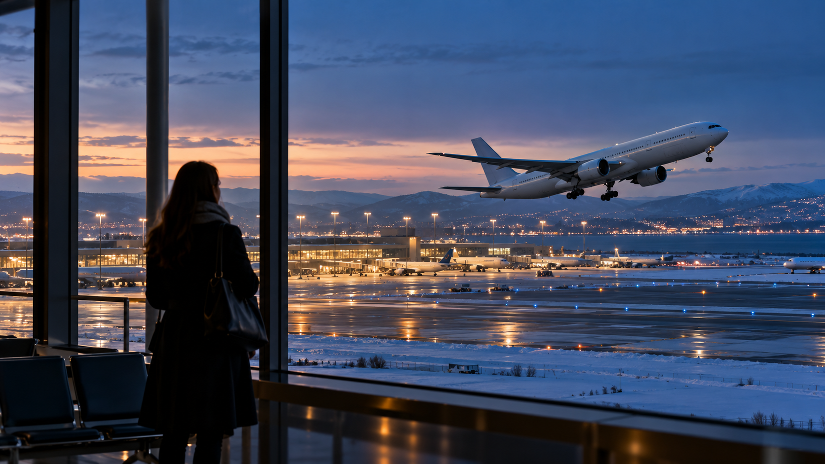 Avion long-courrier au décollage depuis un aéroport en hiver