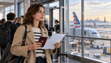 Voyageuse tenant son passeport et une attestation devant une porte d’embarquement