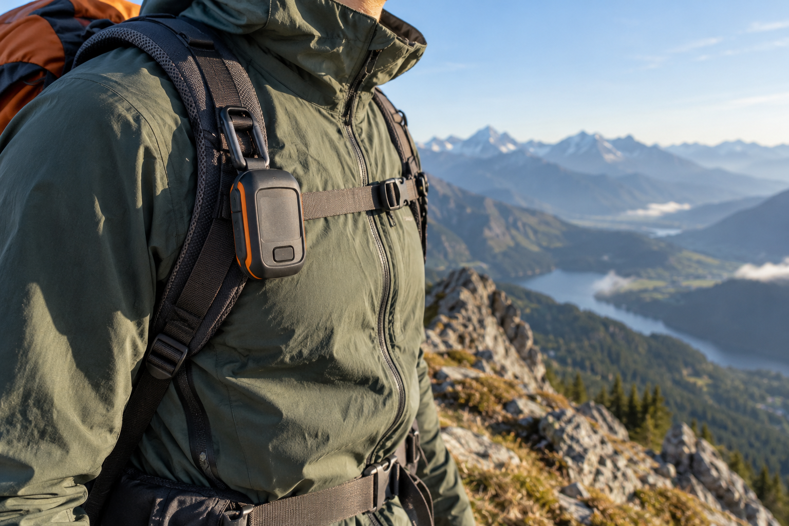 Balise satellite fixée à un sac de randonnée en montagne