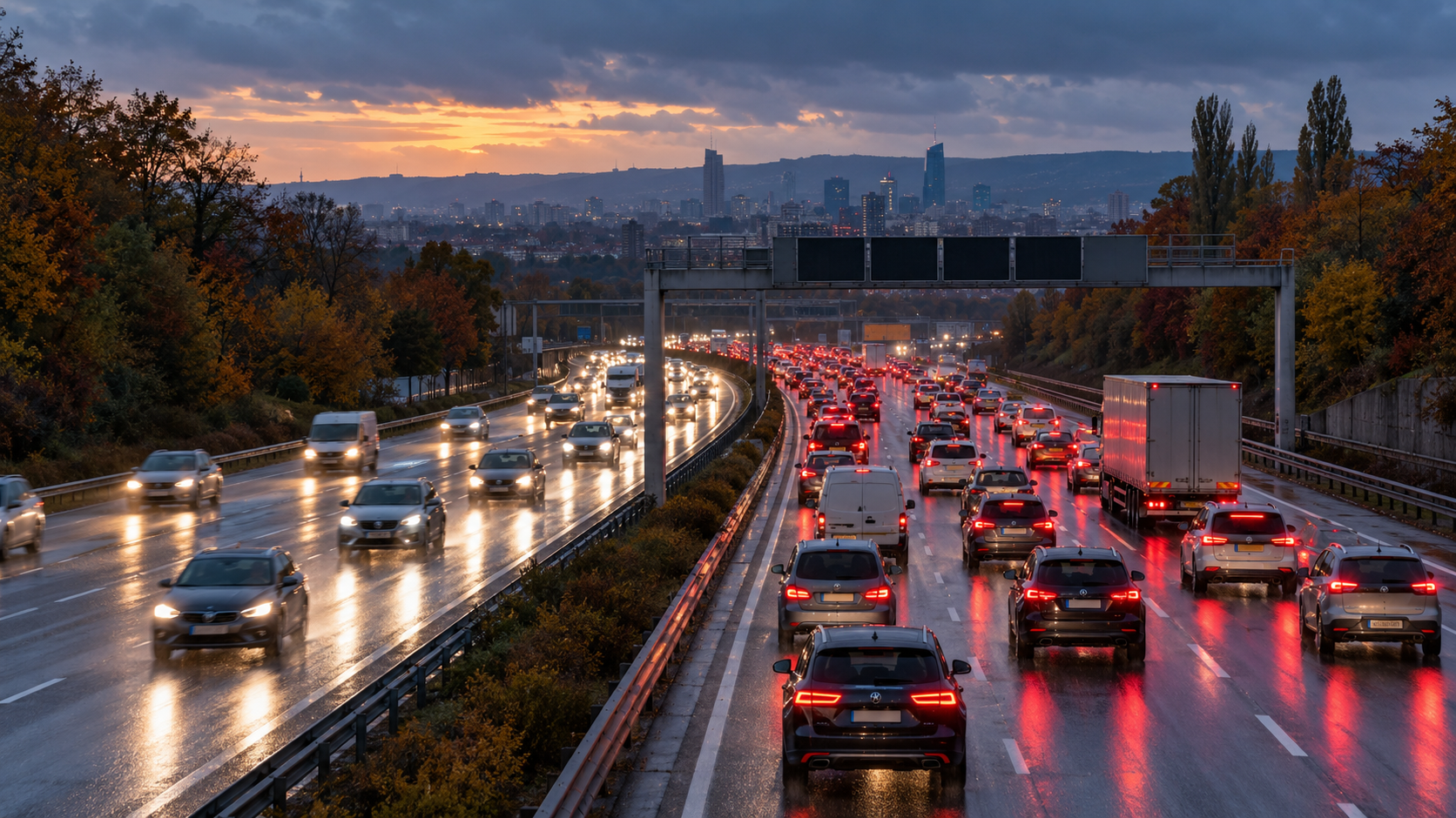 Trafic dense sur une autoroute française un soir d’automne pluvieux