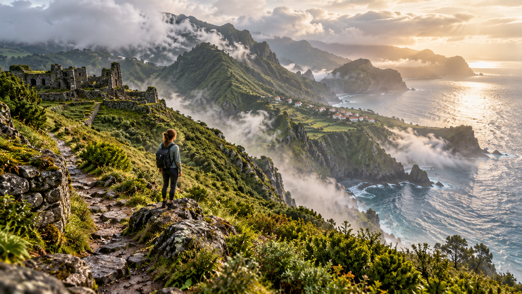 Voyageuse devant un spectaculaire paysage côtier de montagne