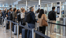 File de voyageurs devant des bornes biométriques de contrôle aux frontières
