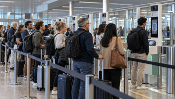 File de voyageurs devant des bornes biométriques de contrôle aux frontières
