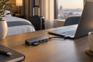 Hub USB-C compact posé avec un ordinateur portable de voyage