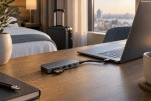 Hub USB-C compact posé avec un ordinateur portable de voyage