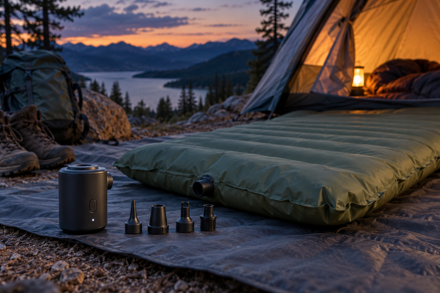 Mini-pompe électrique près d’un matelas de camping au bivouac