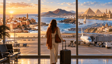 Voyageuse à l’aéroport face à des paysages du Maroc, des Canaries et de l’Égypte