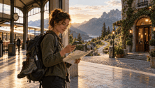 Voyageuse préparant une micro-aventure entre gare, montagne et hôtel ancien