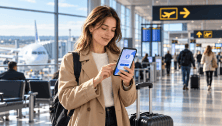 Voyageuse utilisant son téléphone pour s’enregistrer dans un aéroport