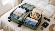 Trousse beauté de voyage compacte ouverte avec nettoyant, hydratant et maquillage minimaliste