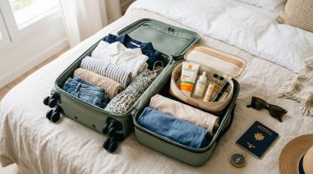 Trousse beauté de voyage compacte ouverte avec nettoyant, hydratant et maquillage minimaliste
