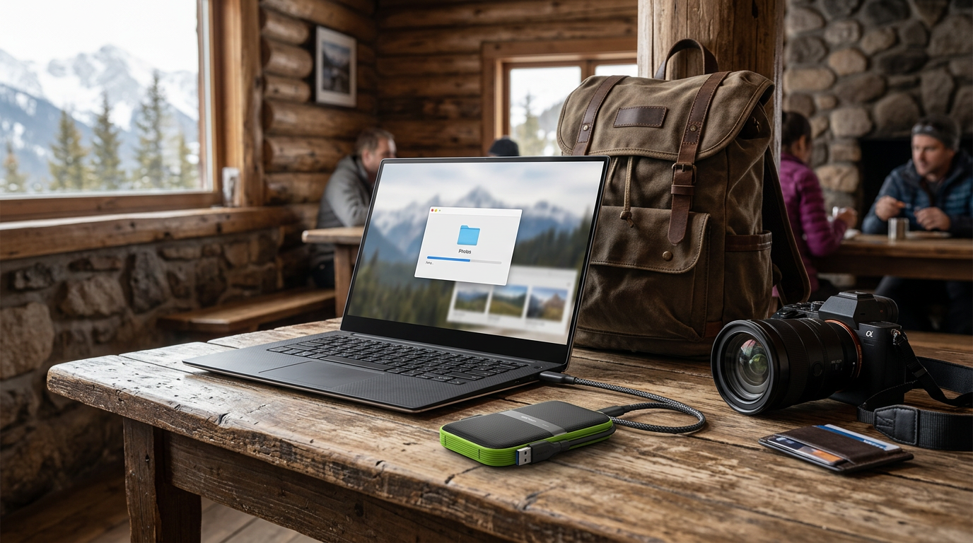 SSD externe robuste branché à un ordinateur portable pour sauvegarder des photos en voyage